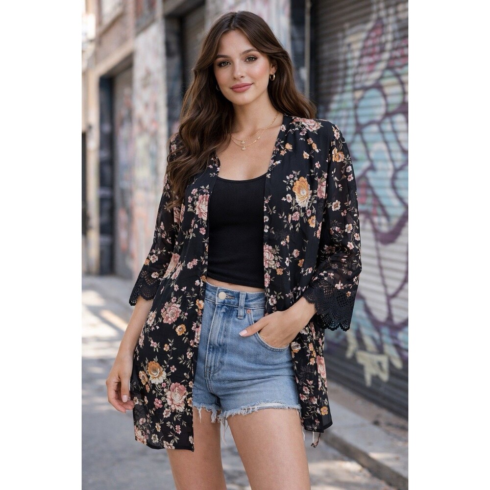 WallFlower Black Floral Duster Kimono Topper Womens L Whimsigoth Fairy Grunge
